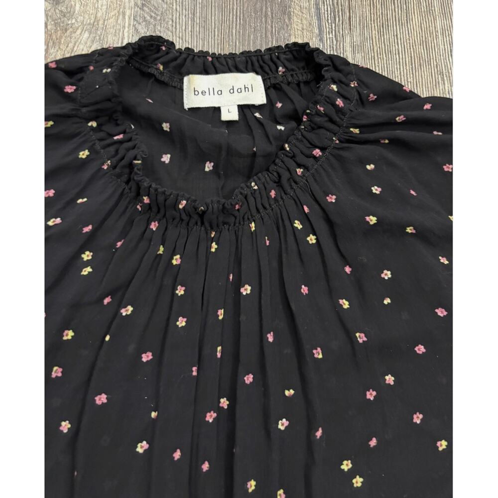 Bella Dahl Black Floral Tie Front Smocked Neck Blouse Rayon Top Womens Large L‎ - Picture 4 of 9